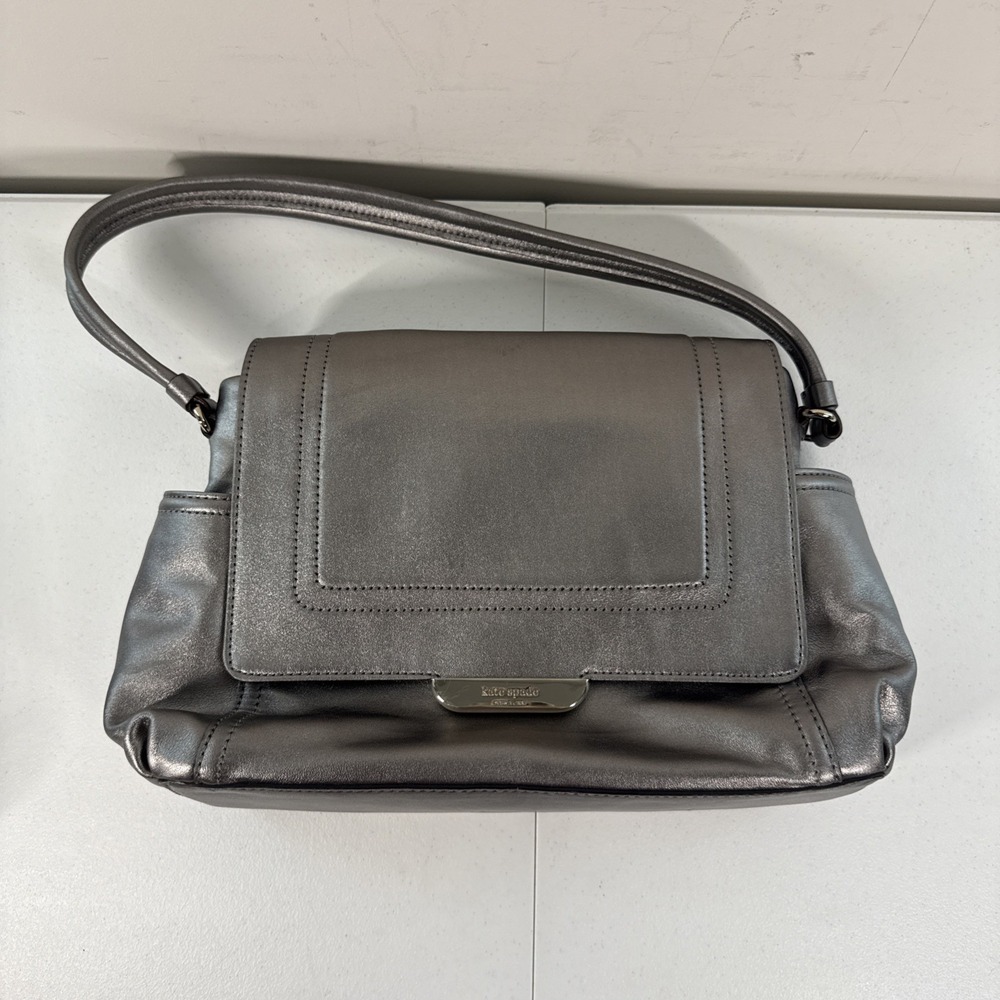 Kate Spade Purse Silver Metallic‎ Tote Shoulder Bag Magnetic Closure Side Pocket
